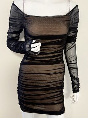 Bebe Y2K Long Sleeve Sheer Mesh Ruched Bodycon Off Shoulder Black Mini Dress